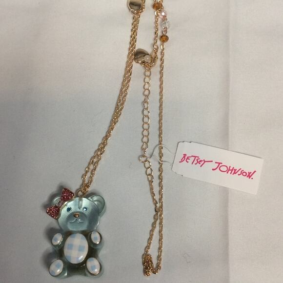 NWT BETSEY JOHNSON LIGHT BLUE GUMMY PINK BOW GOLD TONE CHAIN - Picture 1 of 7